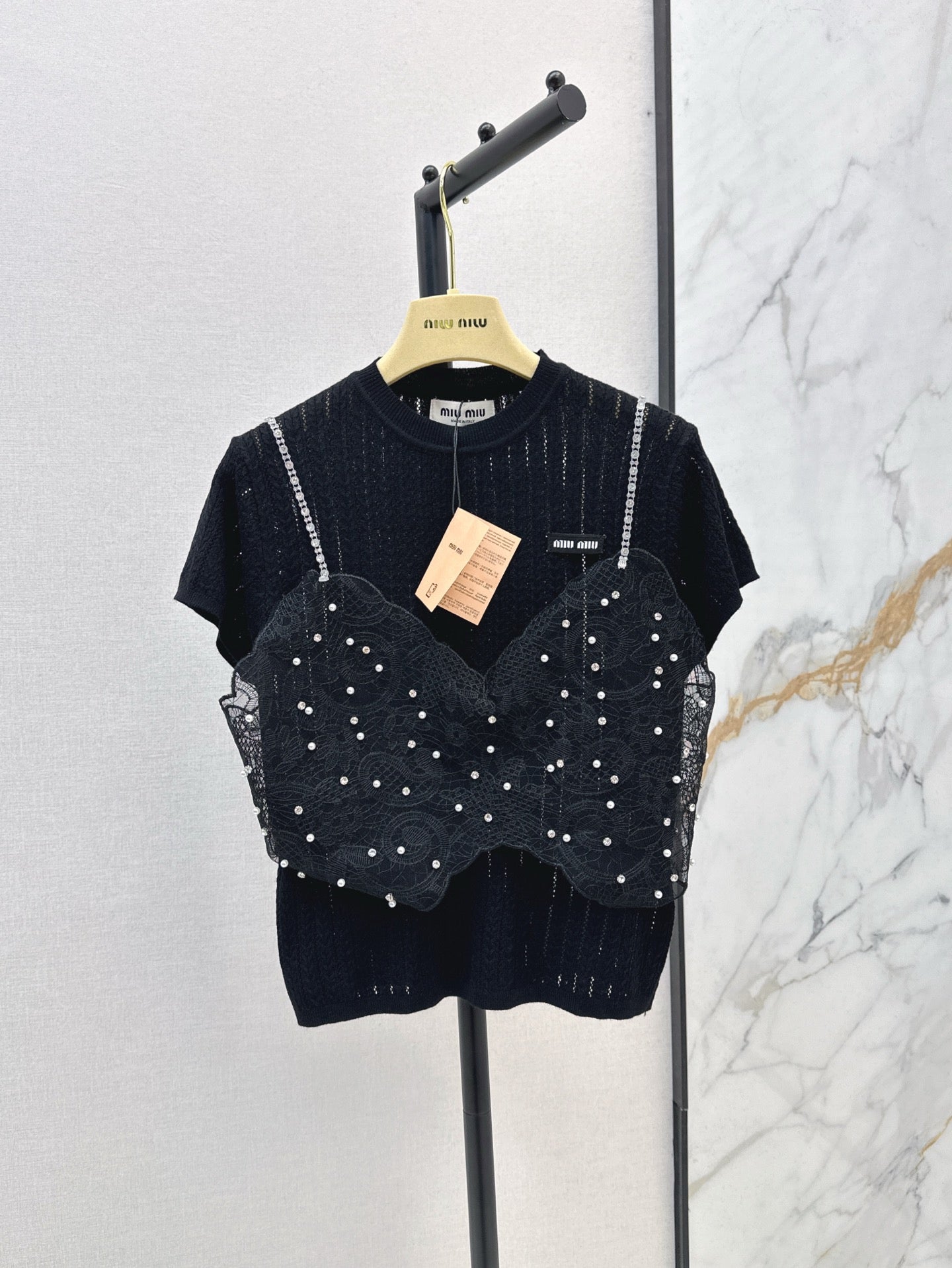 Mi 25ss knit beaded t-shirt