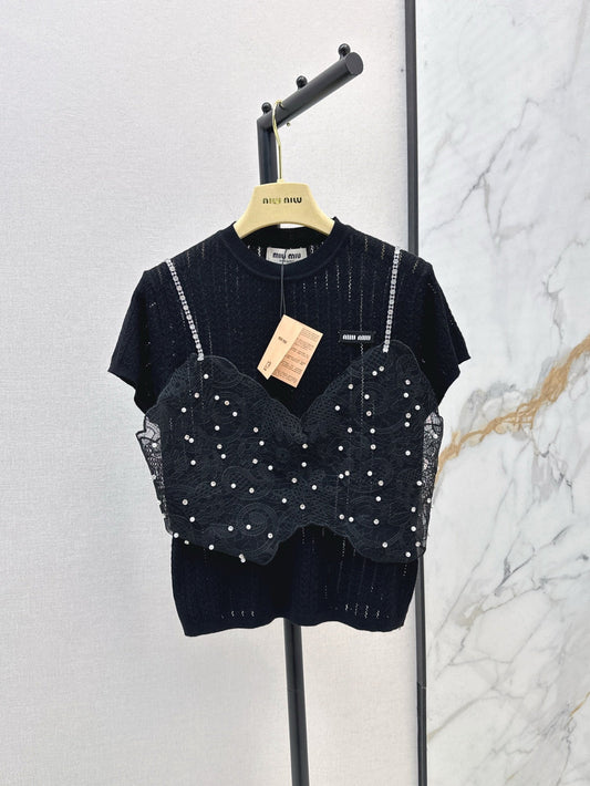 Mi 25ss knit beaded t-shirt