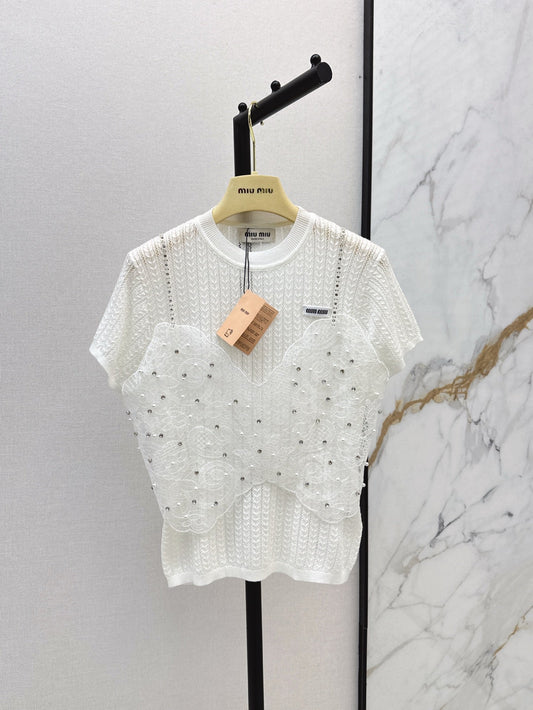 Mi 25ss knit beaded t-shirt