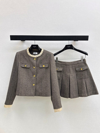 Celi 25fw elegant tweed jacket skirt set