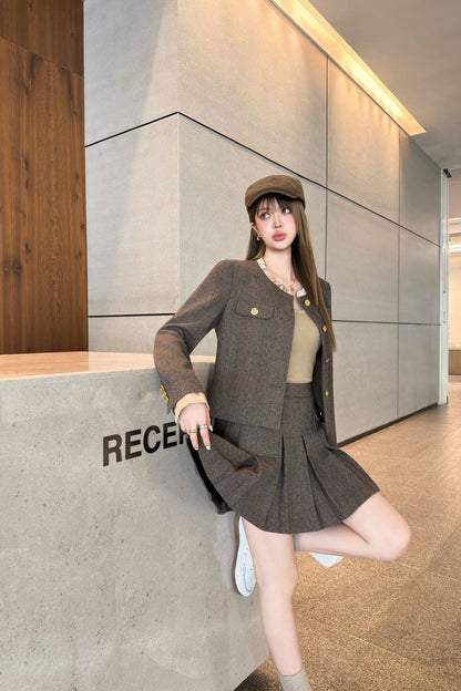 Celi 25fw elegant tweed jacket skirt set