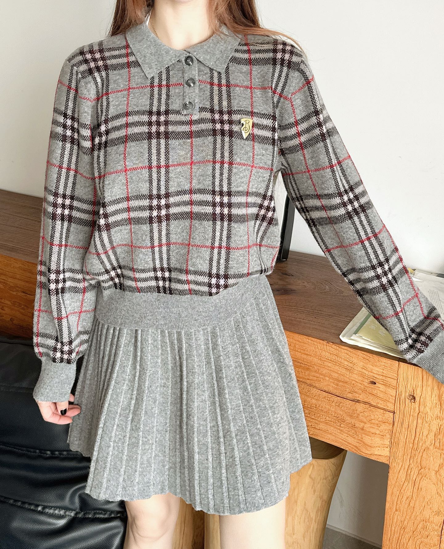 Bur 25fw plaid polo shirt skirt set