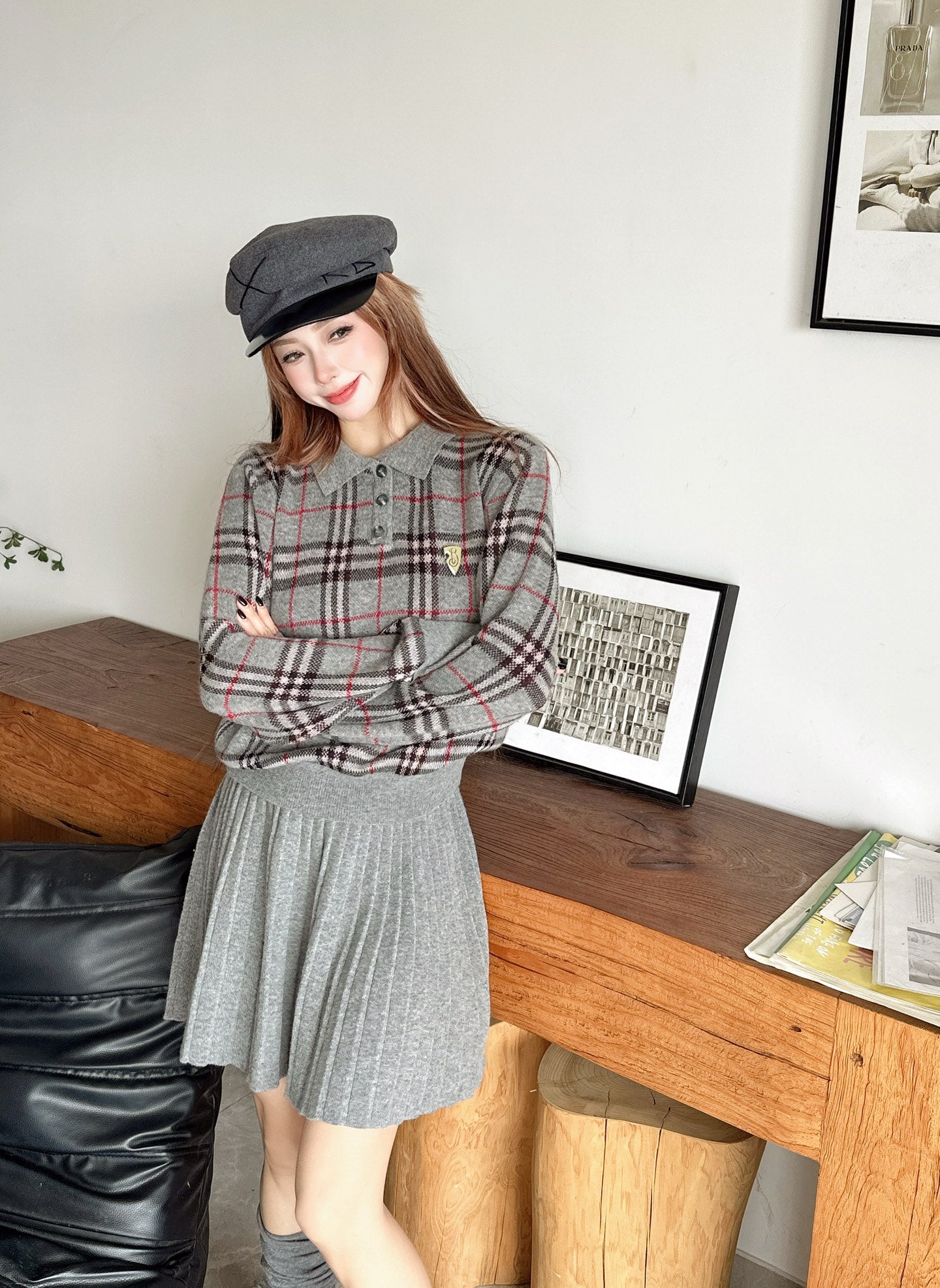 Bur 25fw plaid polo shirt skirt set