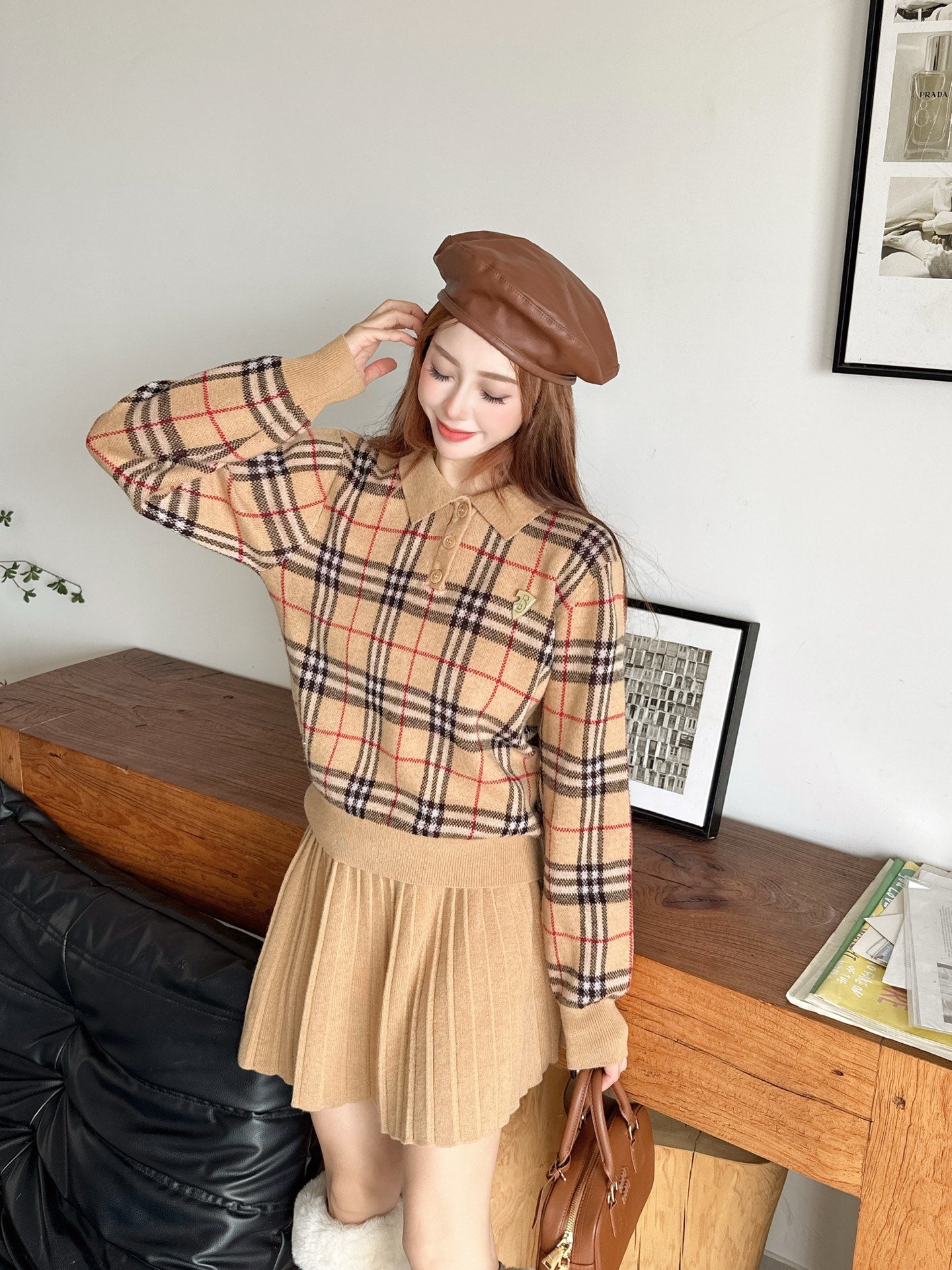 Bur 25fw plaid polo shirt skirt set