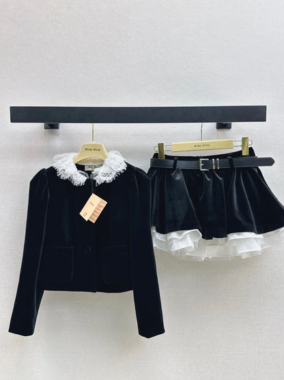 Miu 25fw velvet lace jacket skirt set