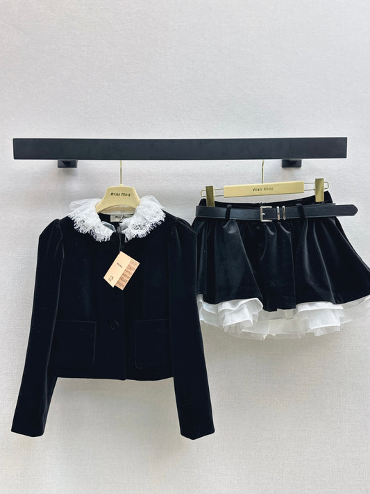 Miu 25fw velvet lace jacket skirt set