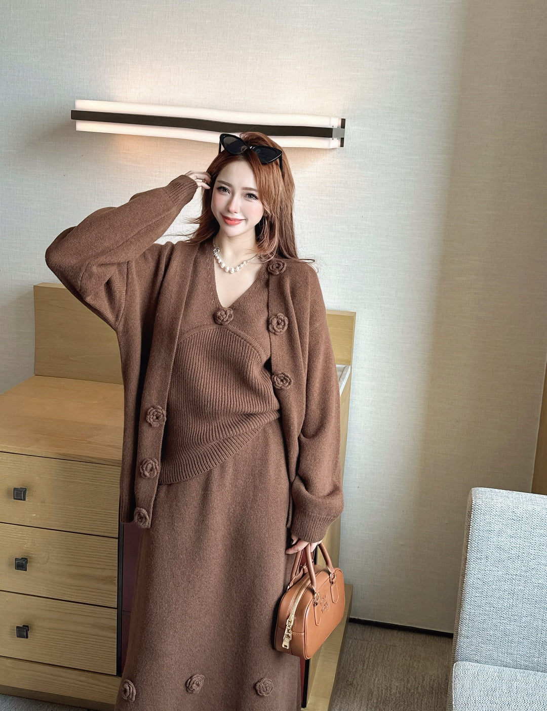 Chan 25fw vest cardigan skirt set