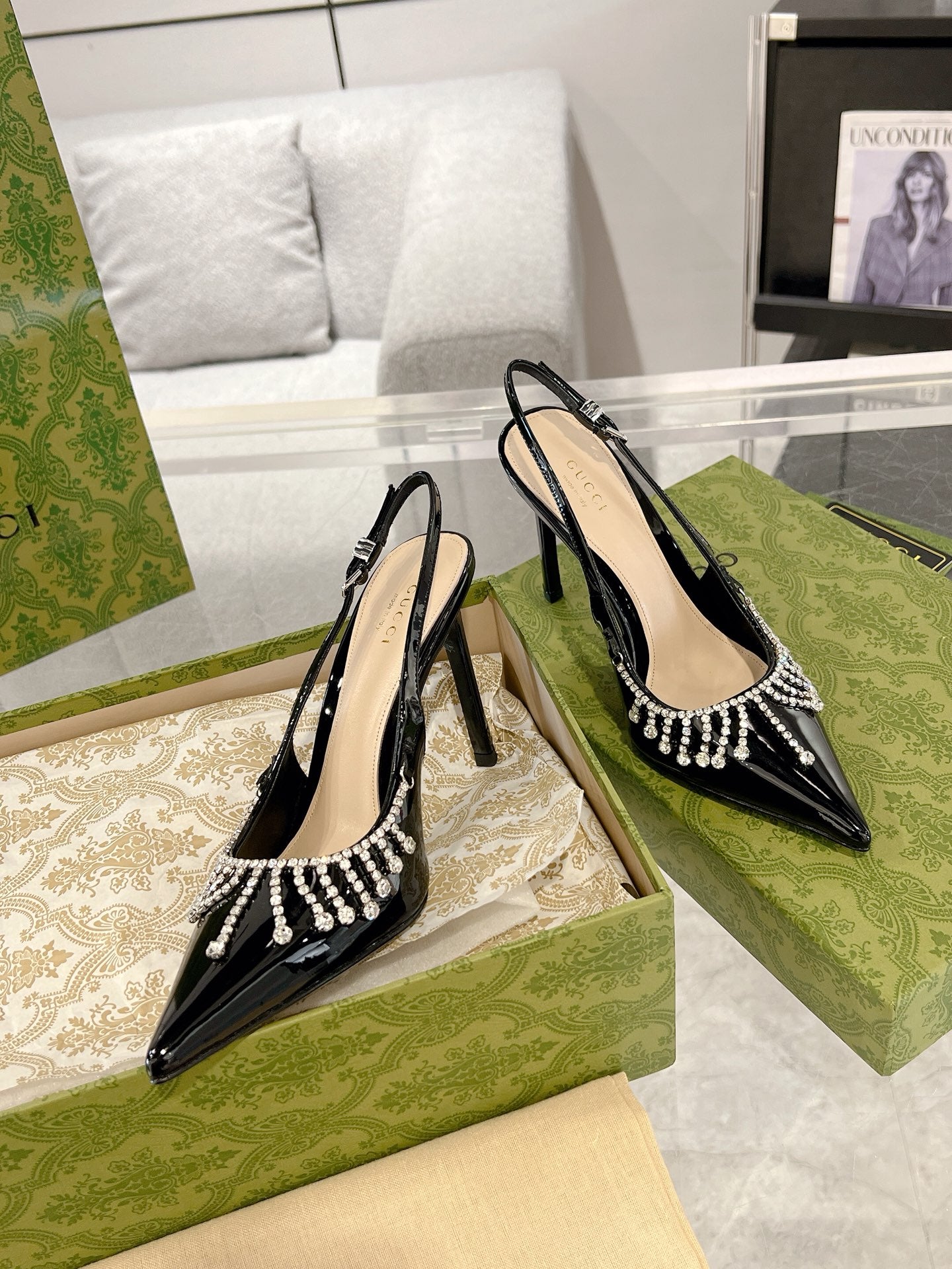 Gucc 25fw rhinestones slingback heels