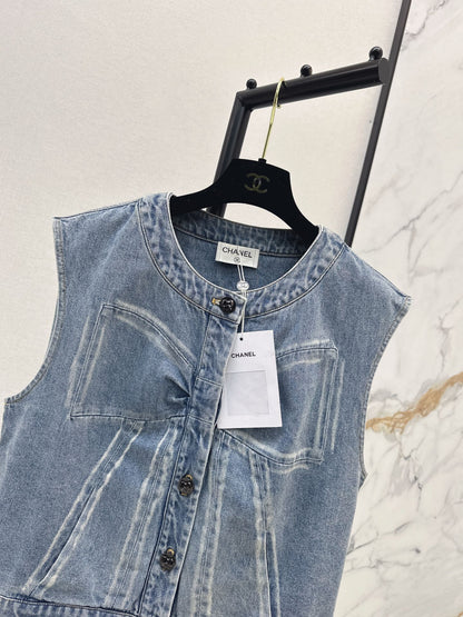 Chan 25fw bow print denim vest