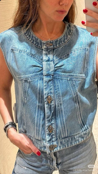 Chan 25fw bow print denim vest
