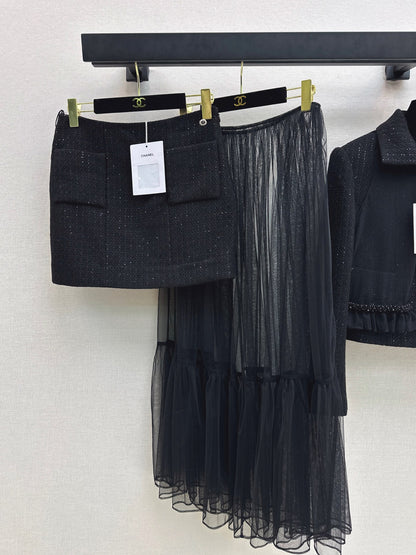 Chan 25fw woven skirt+ mash skirt set