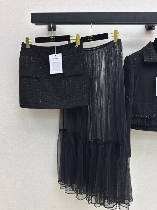 Chan 25fw woven skirt+ mash skirt set