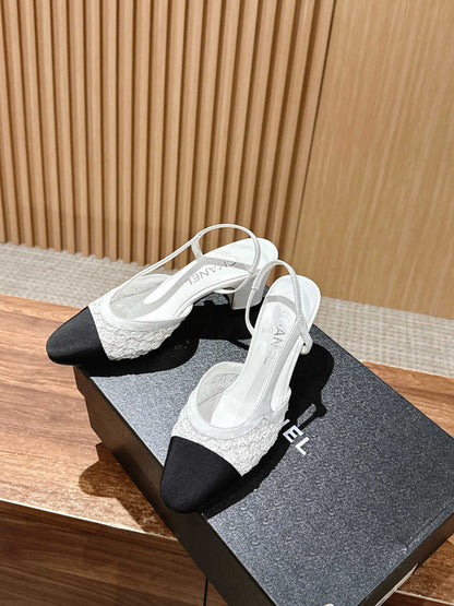 Chan 25fw lace slingback chunky heels