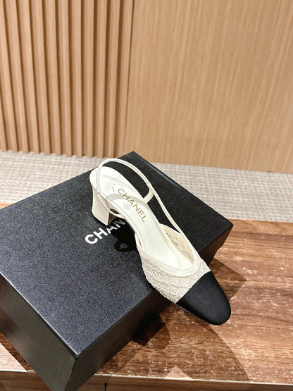 Chan 25fw lace slingback chunky heels