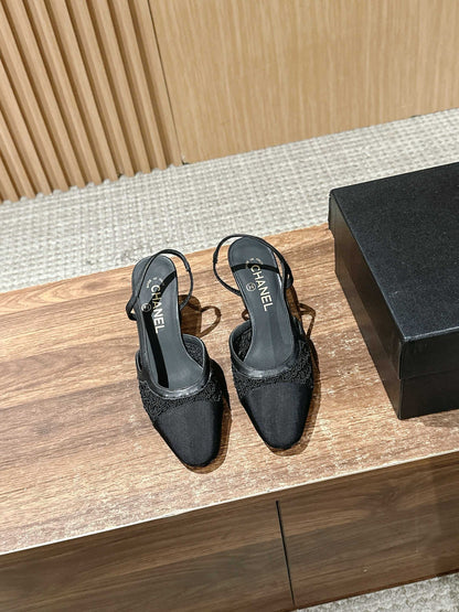 Chan 25fw lace slingback chunky heels