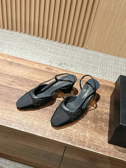 Chan 25fw lace slingback chunky heels