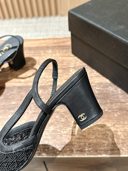 Chan 25fw lace slingback chunky heels