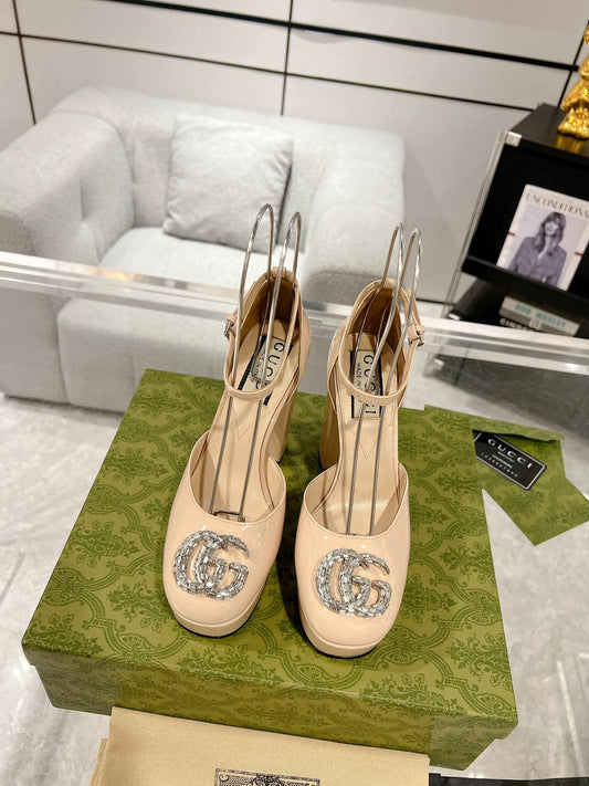 Gucc 25fw chunky heels with crystal diamond bling pumps