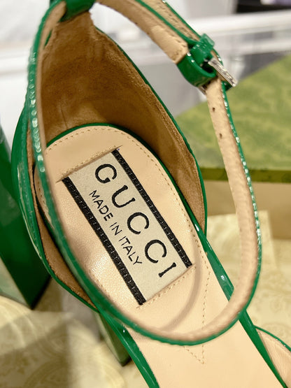 Gucc 25fw chunky heels with crystal diamond bling pumps