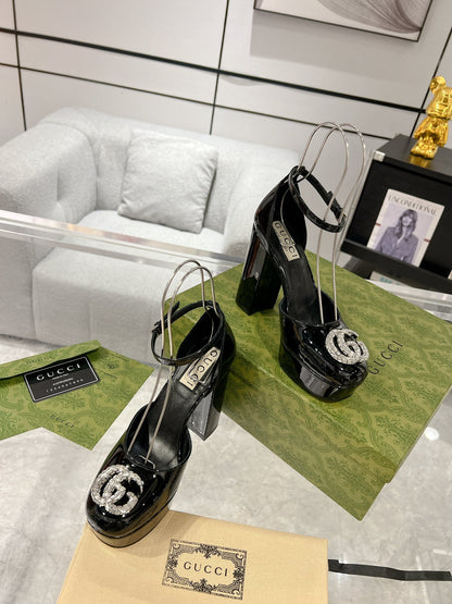 Gucc 25fw chunky heels with crystal diamond bling pumps