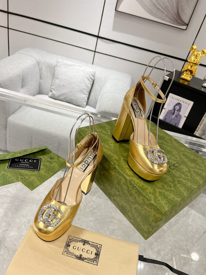 Gucc 25fw chunky heels with crystal diamond bling pumps