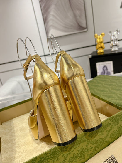 Gucc 25fw chunky heels with crystal diamond bling pumps