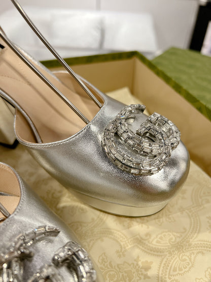 Gucc 25fw chunky heels with crystal diamond bling pumps