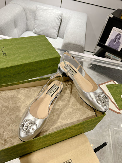 Gucc 25fw slingback flats with crystal diamond bling sandals