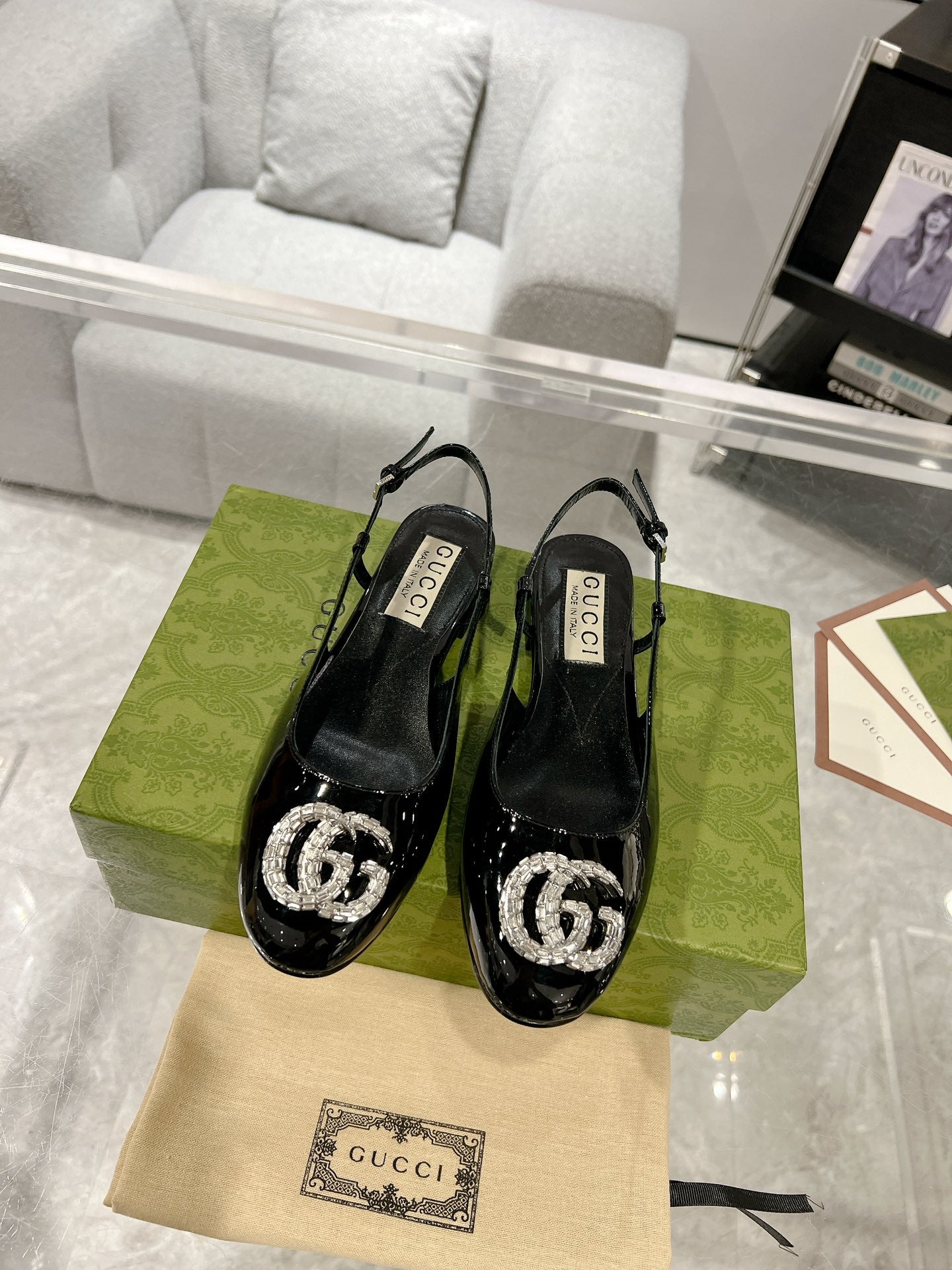 Gucc 25fw slingback flats with crystal diamond bling sandals