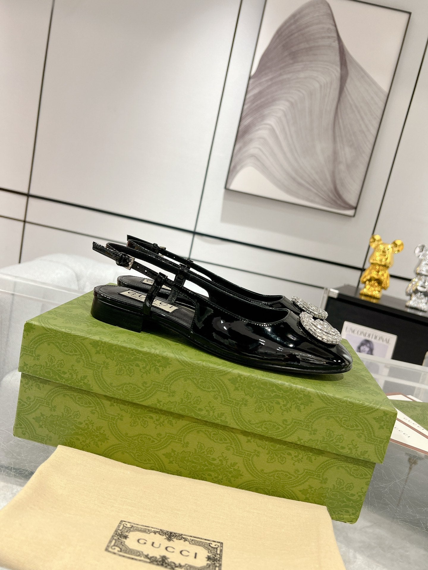 Gucc 25fw slingback flats with crystal diamond bling sandals