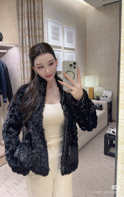 Chan 25fw embroidery fur jacket