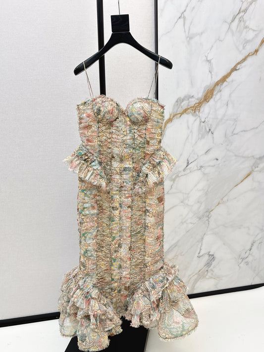 Zimm 26ss silk strapless floral print dress