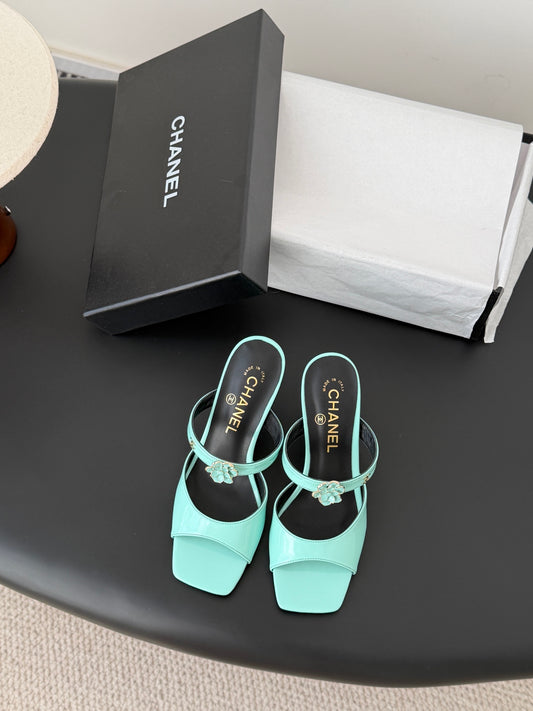 Chan 26ss camellia leather open-toe stiletto sandals