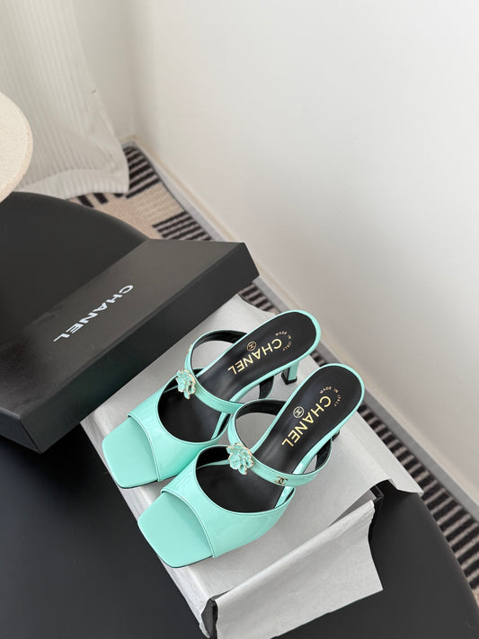 Chan 26ss camellia leather open-toe stiletto sandals