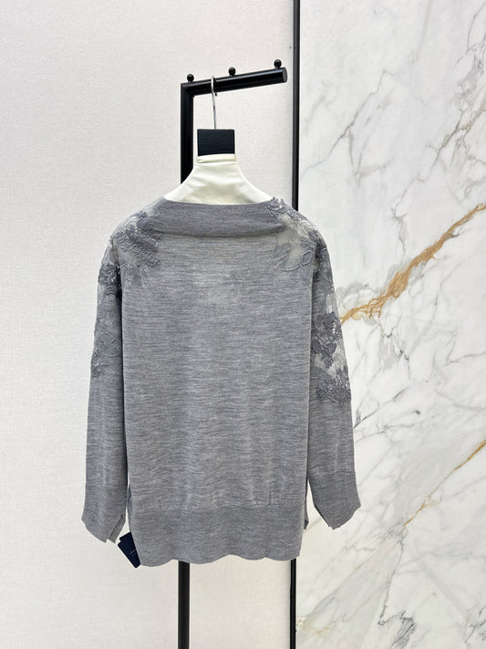 ES 26ss embroidery lace off shoulder sweater