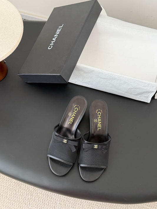 Chan 26ss bow mesh chunky heels slides