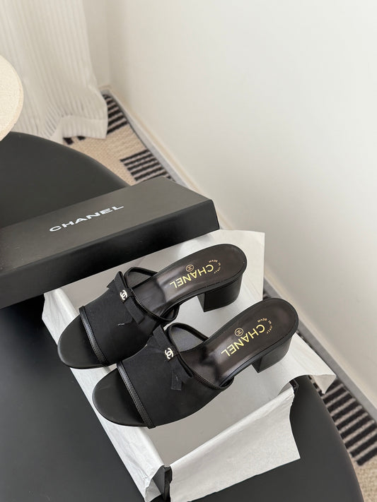 Chan 26ss bow mesh chunky heels slides