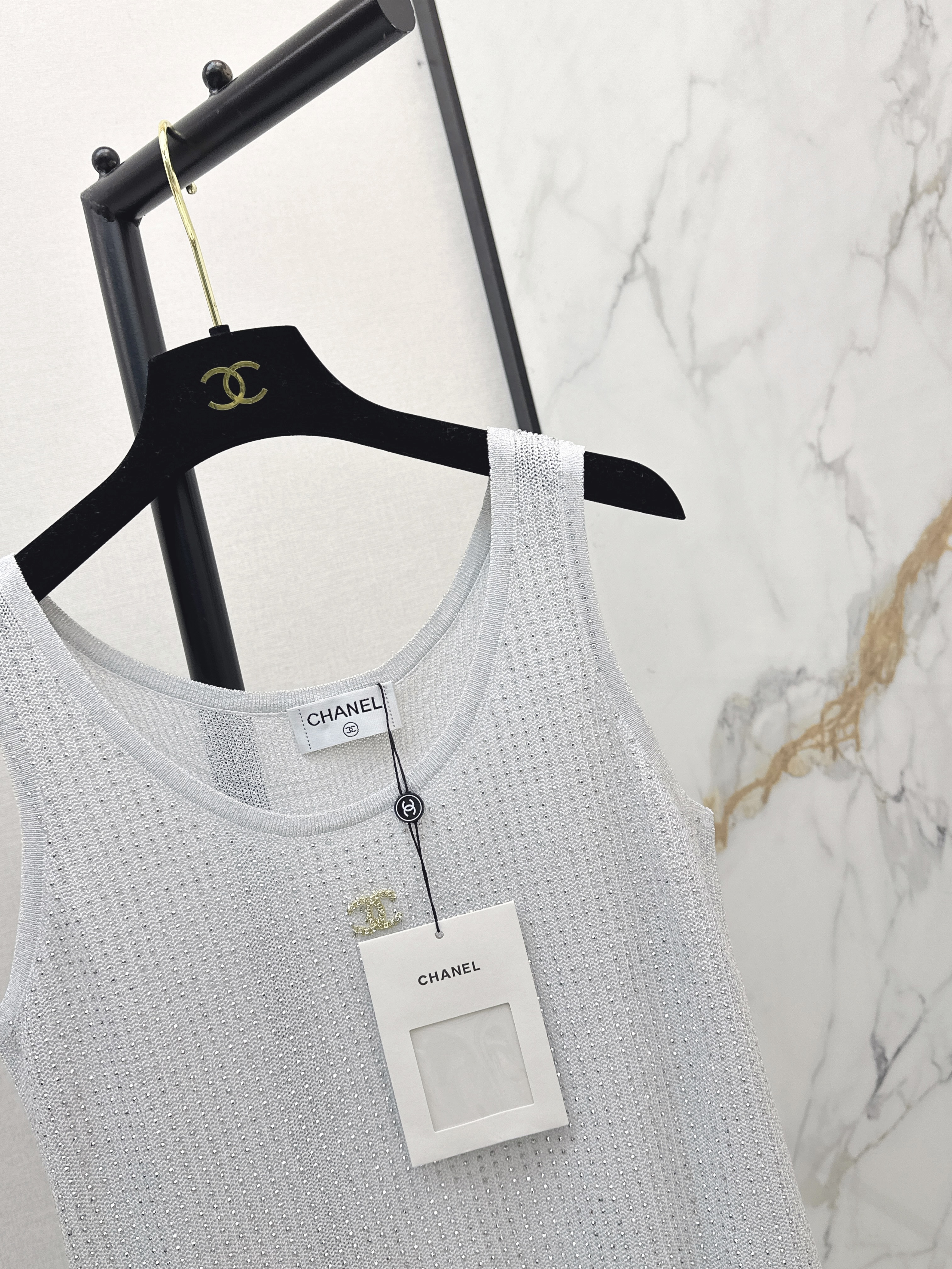 Chan 26ss rhinestone knit vest