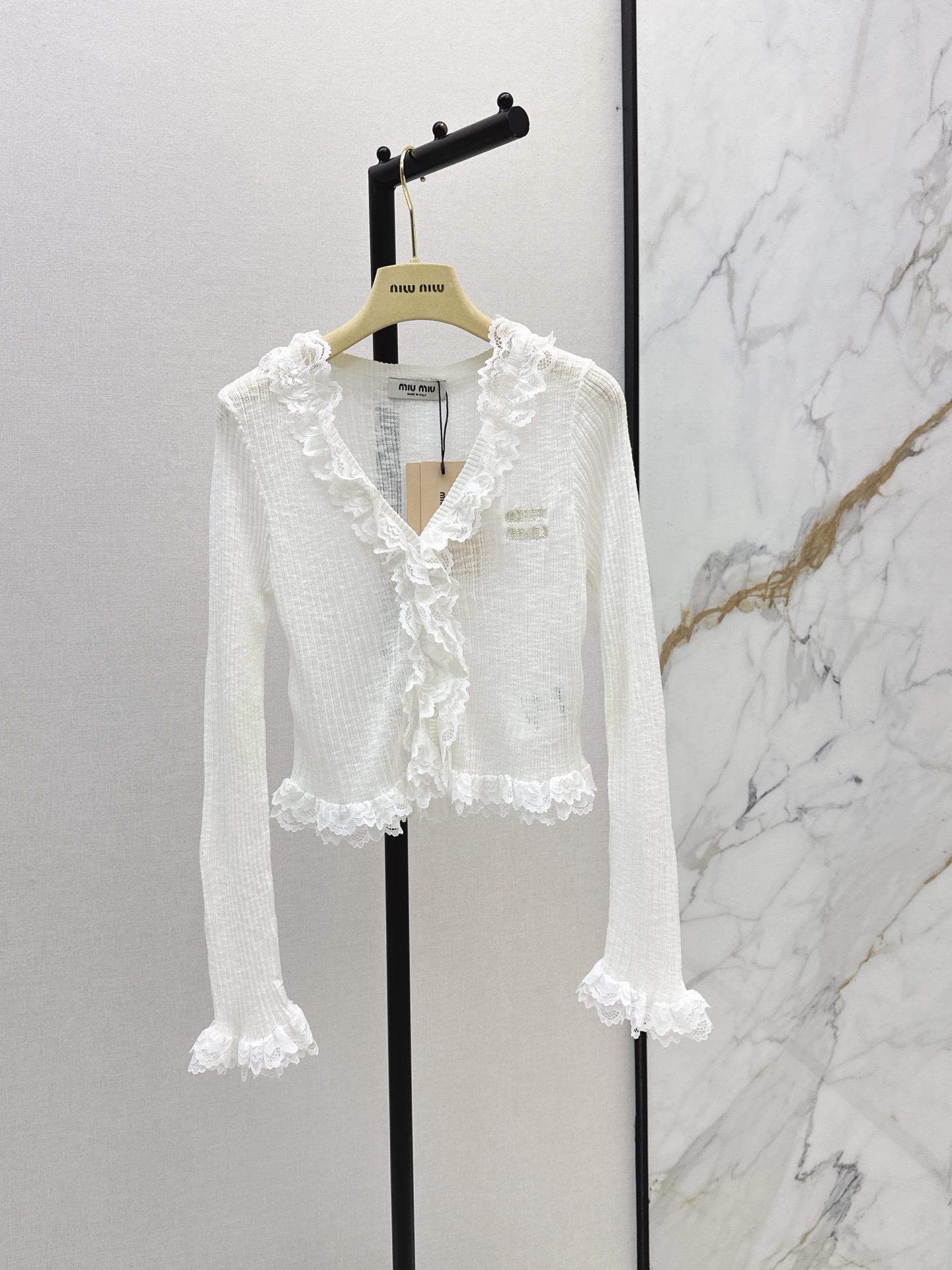 Miu 26ss lace trim knit cardigan