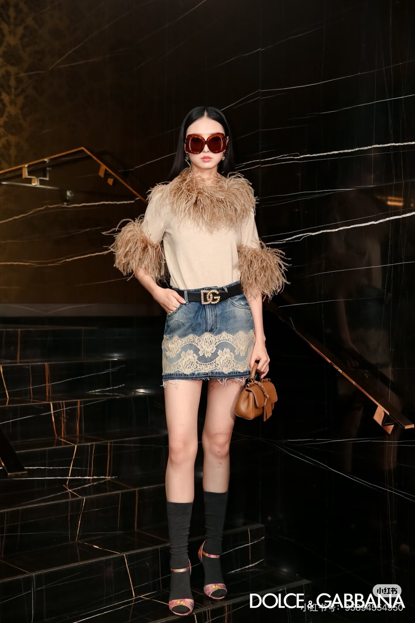 Dolc 26ss lace contract denim skirt