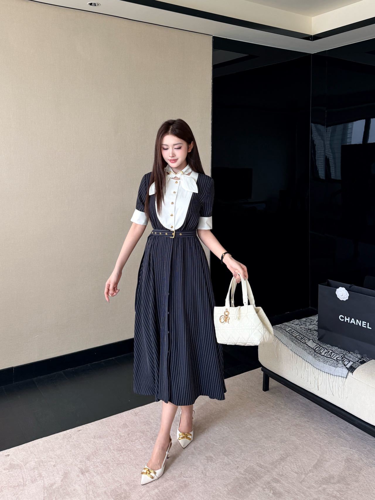 CD 26ss striped contract belted dress