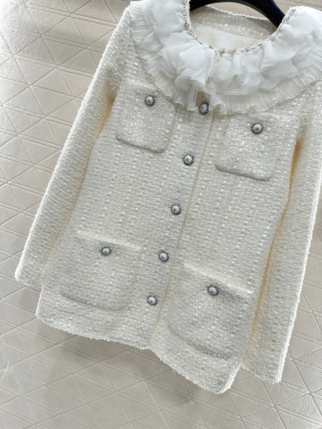 Chan 26ss ruffled lace woven jacket short set