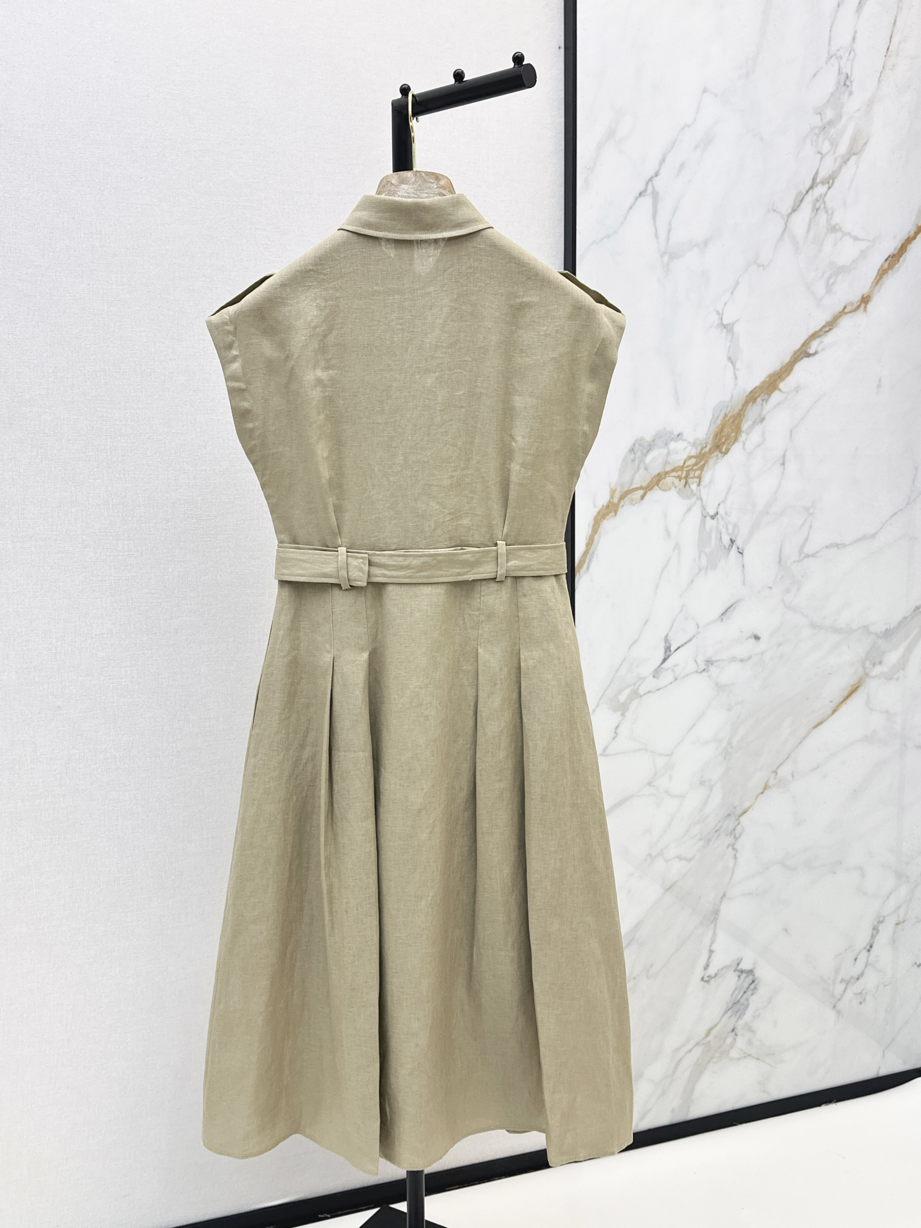 Khaki Sleeveless Belted Shirt Dress