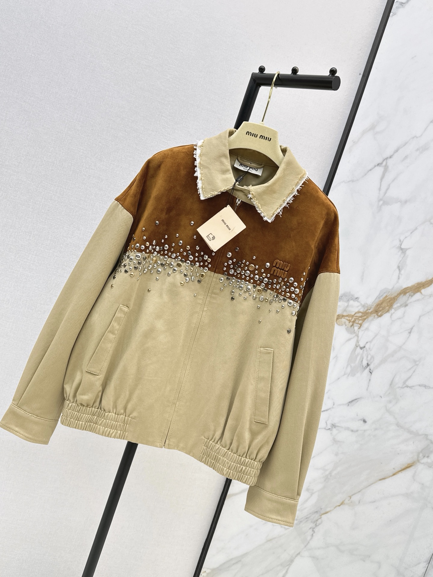Miu 26ss rhinestone contract suede jacket