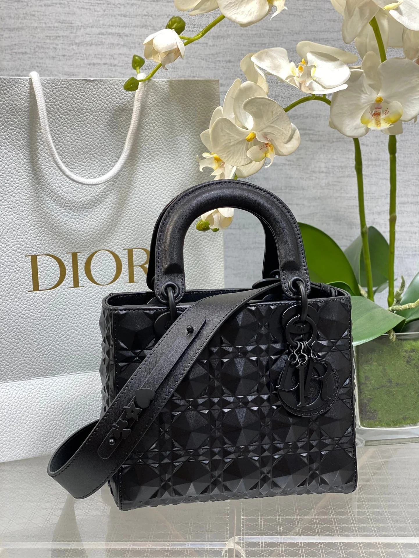 DO  Mini Lady Bag  Matte Black Diamond Pattern Calfskin