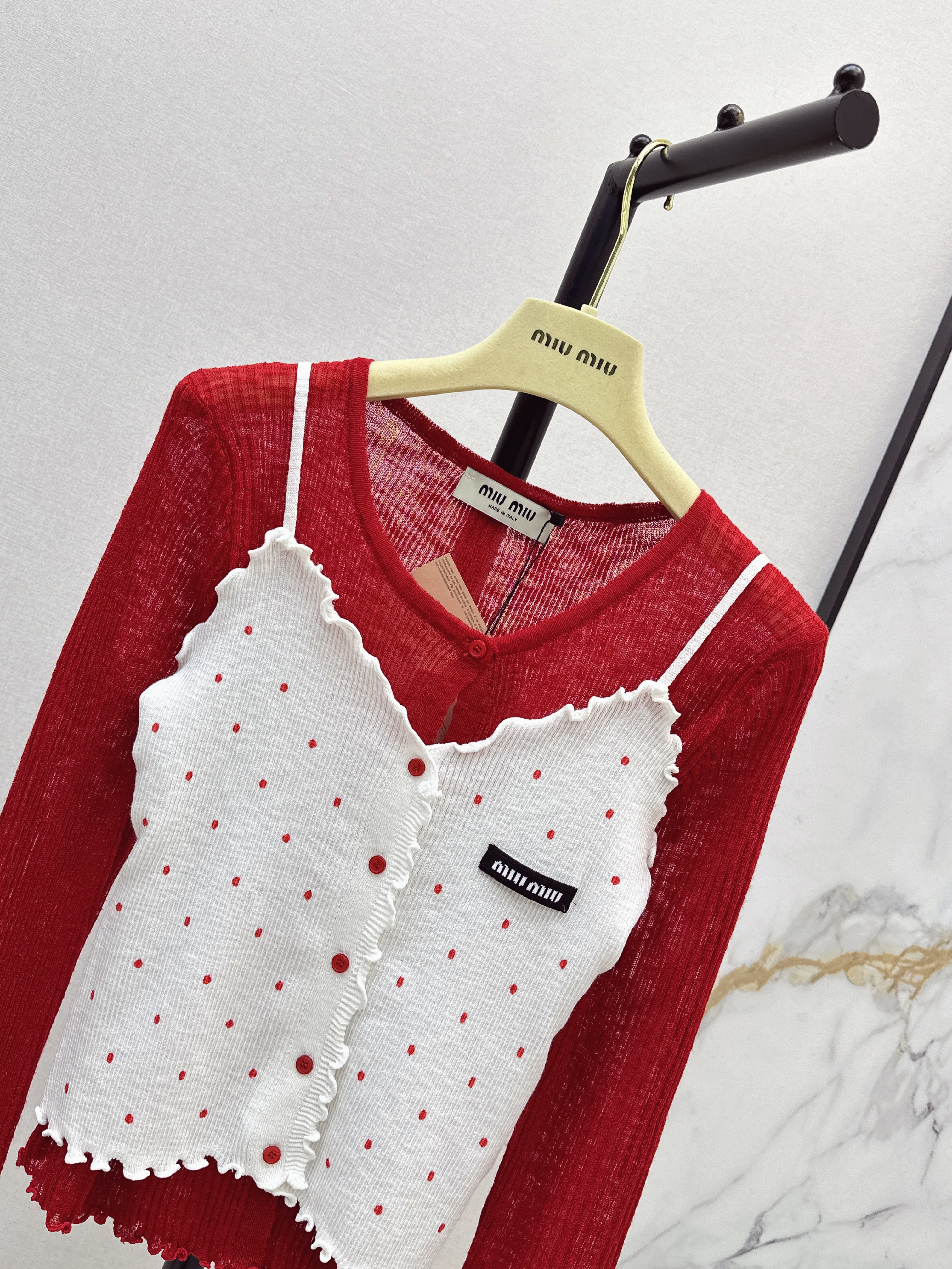 Miu 26SS Polka Dot Camisole and Cardigan Set
