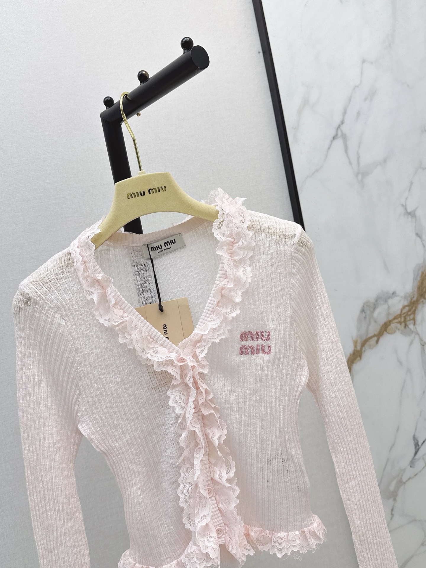 Miu 26ss lace trim knit cardigan