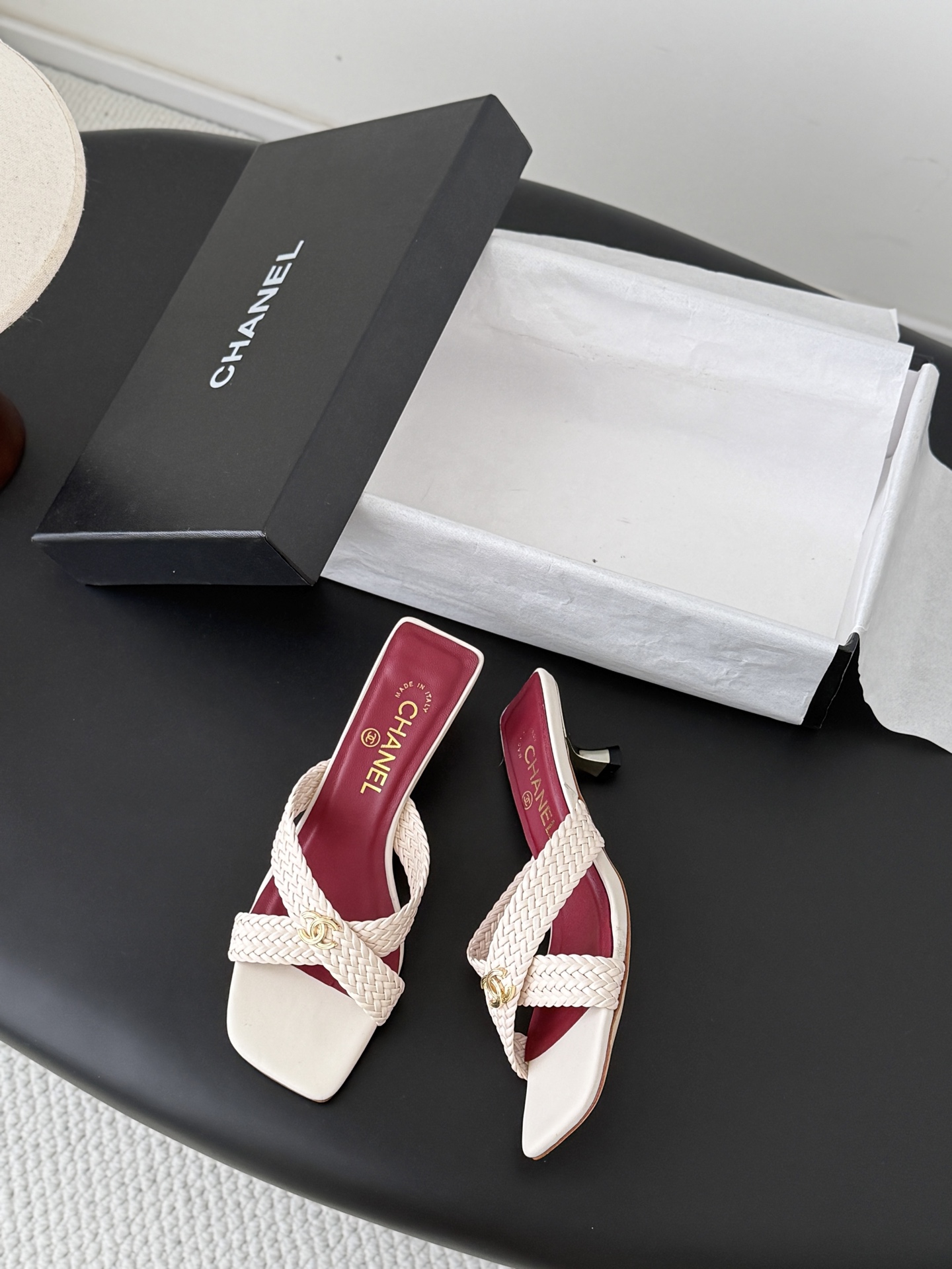 Chan 26ss cross-strap heeled mule sandals