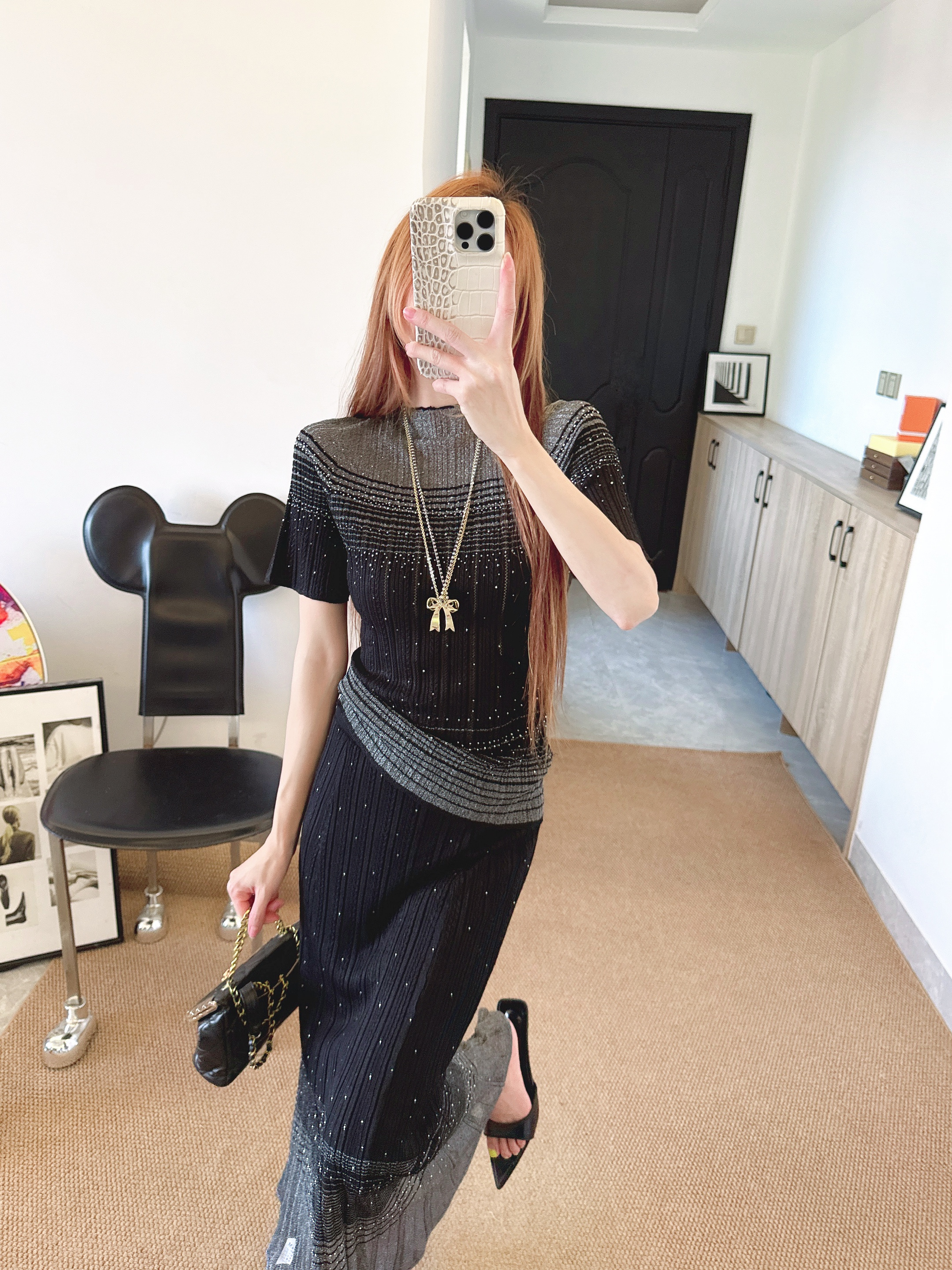 Chan 26ss omber knit top skirt set