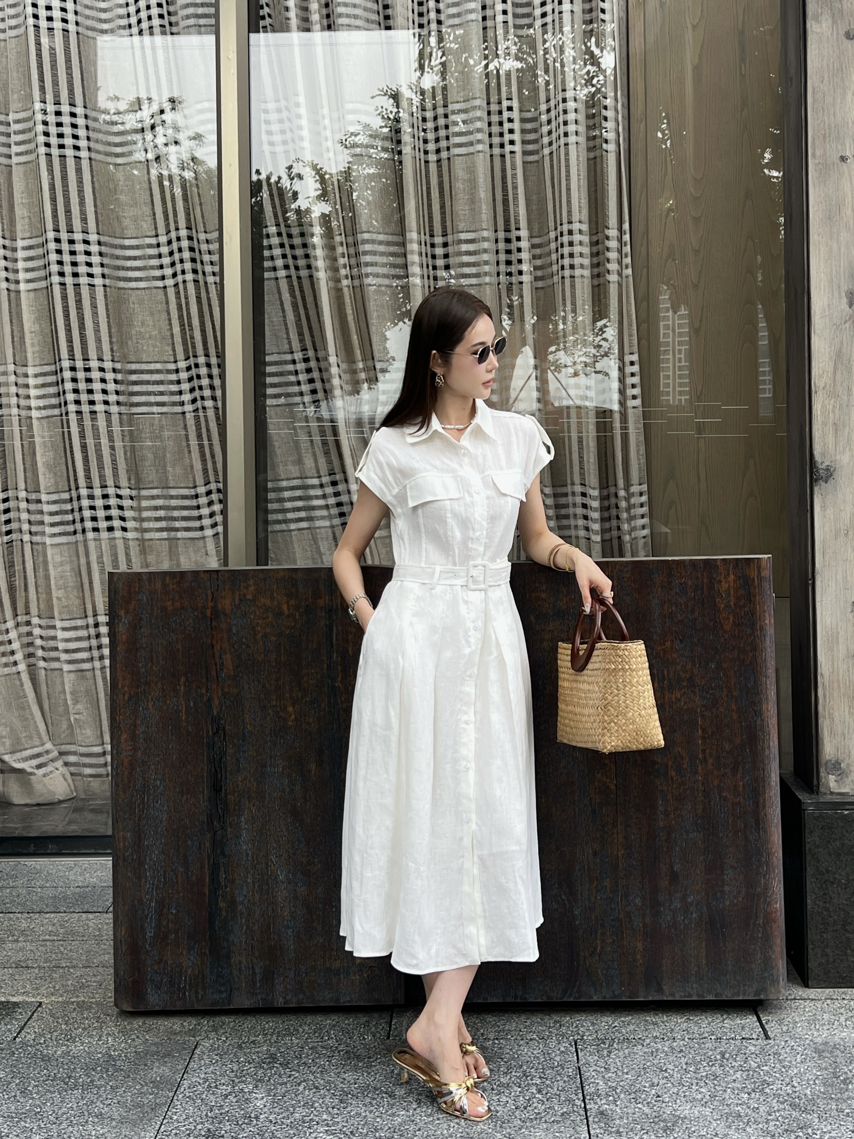 Khaki Sleeveless Belted Shirt Dress